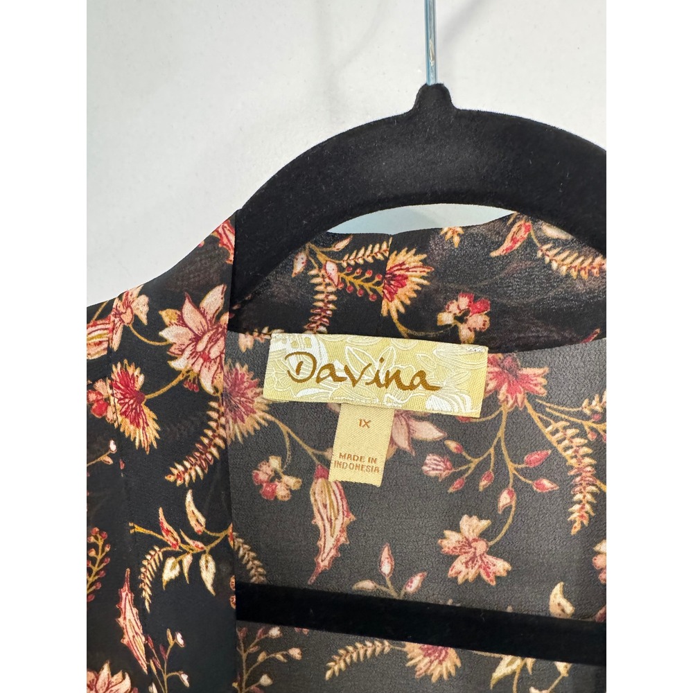 Davina Floral Kimono Wrap Black Sheer Chiffon Open Front Cardigan Plus Size 1X - Picture 2 of 6